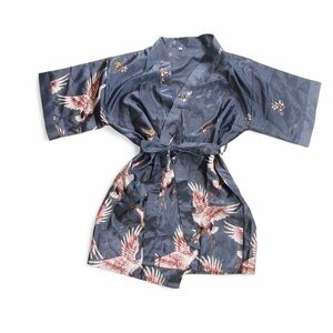 Gray blue satin robe with pink cranes